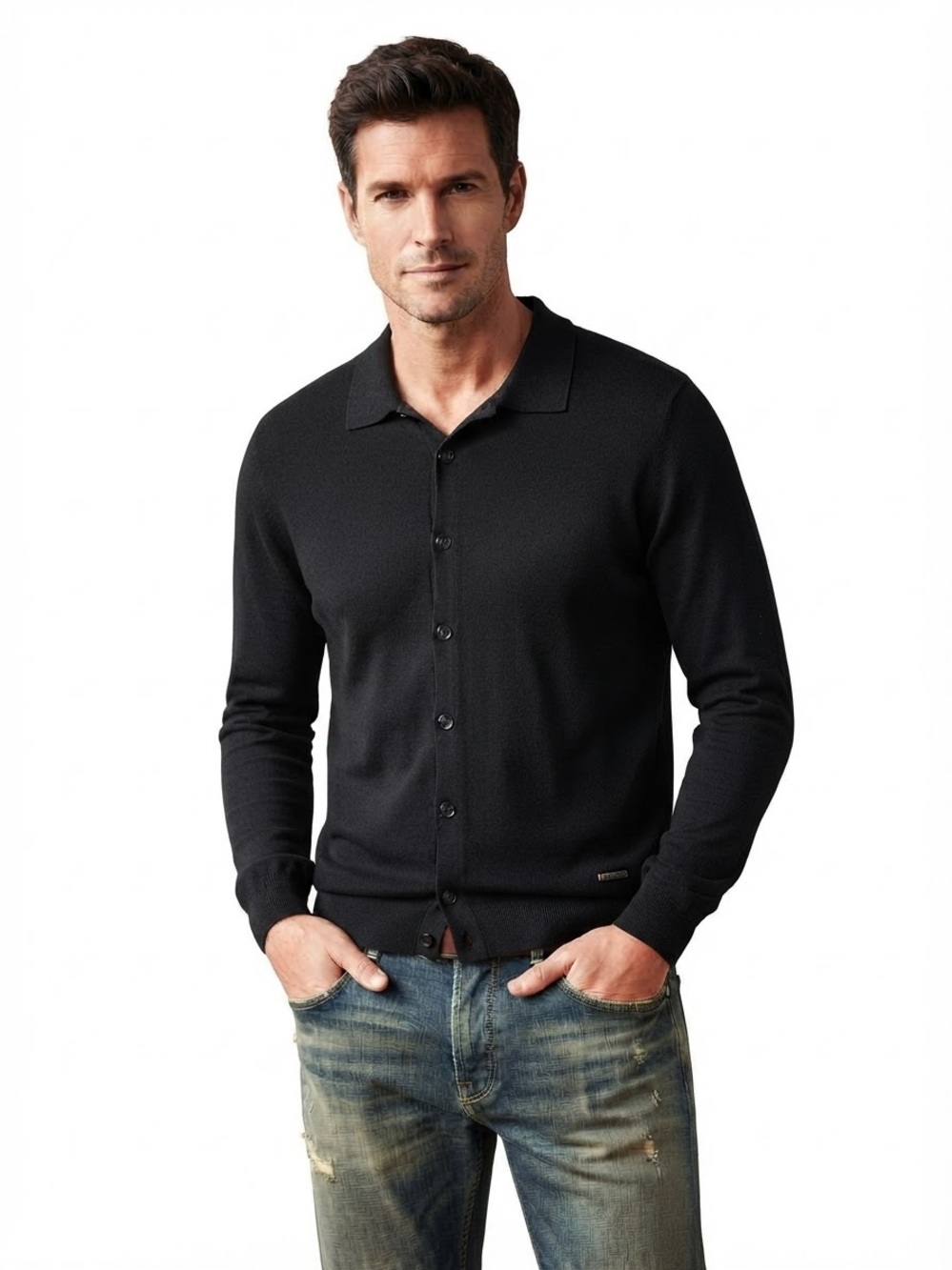 Bugatti NEW Wool Knit Polo Cardigan L Button Up Sweater Lightweight Collar Top